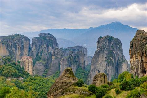 Landscape Of Monastery And Rock Formation In Meteora Greece Stock