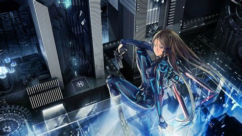 Hd Wallpaper Anime Girl Bodysuit Futuristic City Guns One Person