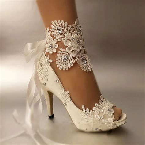 Buy Dress Shoes Women Pumps Open Toe Lace Wedding Shoes Peep Toe Elegant Stain