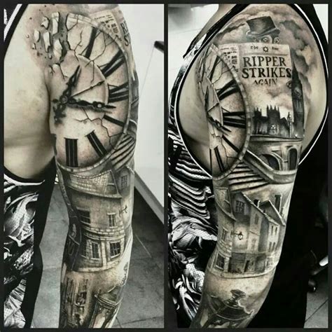 Realistic Street Scene Sleeve Tattoo Clock Tattoo Half