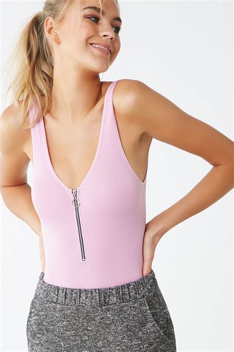 The mock neck bodysuit features a raw cut neckline, snap closure at base, and satin stretch stitch at leg and arm openings that essential crew neck sleeveless bodysuit. Zip Front Bodysuit | Forever 21 | Bodysuit fashion, Ribbed ...