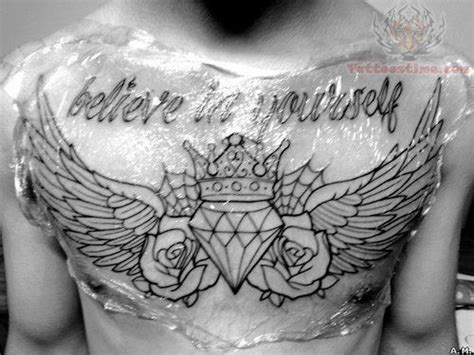 72 graceful crown tattoos on chest. Outline Winged Roses And Diamond Crown Tattoo On Chest ...