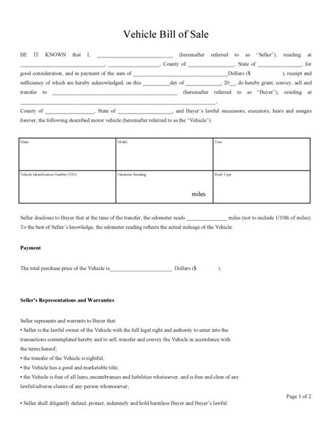 Free Blank Vehicle Bill Of Sale Pdf Word Do It Yourself Forms