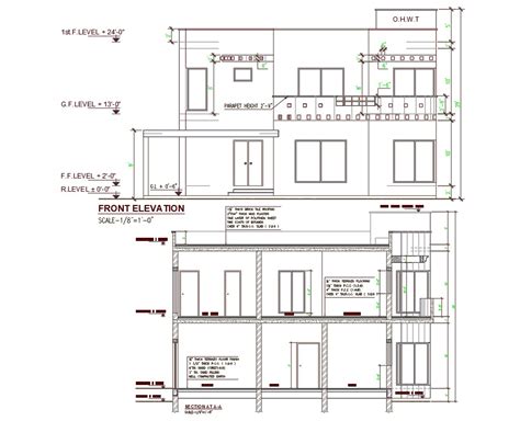 Two Story House All Sided Elevation And Section D Drawing Details Dwg