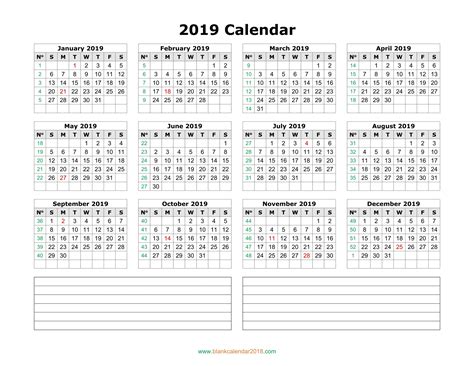Blank Calendar 2019 With Notes Landscape