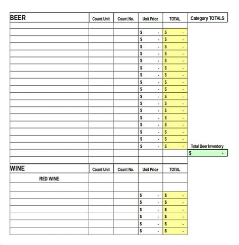 Bar Inventory Spreadsheet Excel Templates