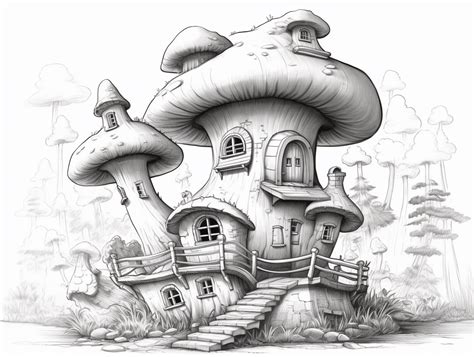 Fairy Tale Mushroom House Coloring Coloring Page