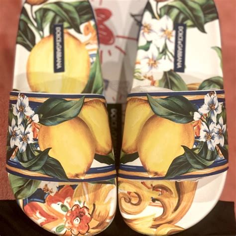 Dolce And Gabbana Shoes Rubber Pool Slides With Signature Lemon Print And Rubberized Logo At