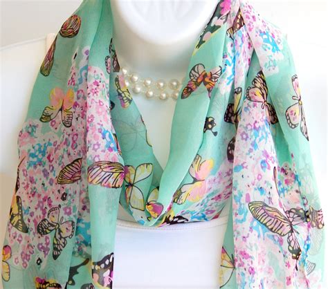 Butterfly Scarf Blue Turquoise With Multicolor Butterflies