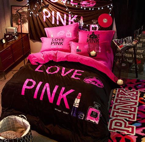 Victorias Secret Velvet Warm Pink Printing Bedding Set Fmh