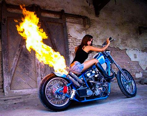 bobber chopper with pipe flames girls on bike bikes girls girl bike pin up motorbike girl