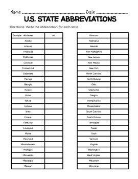 U S State Abbreviations Worksheet By Learning Is Lots Of Fun Tpt