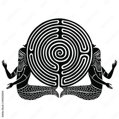 Round Spiral Maze Or Labyrinth Symbol Supported By Two Mesopotamian