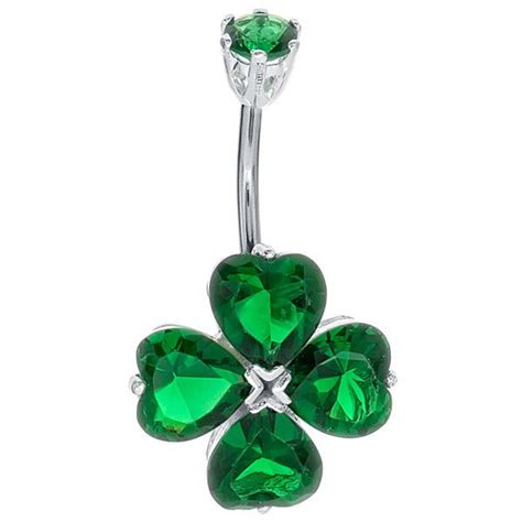 925 Sterling Silver Emerald Cz 4 Leaf Clover Belly Button Ring 20