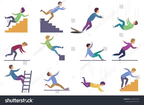 Set Of Injuring People Falling Down The Stairs And Over The Edge