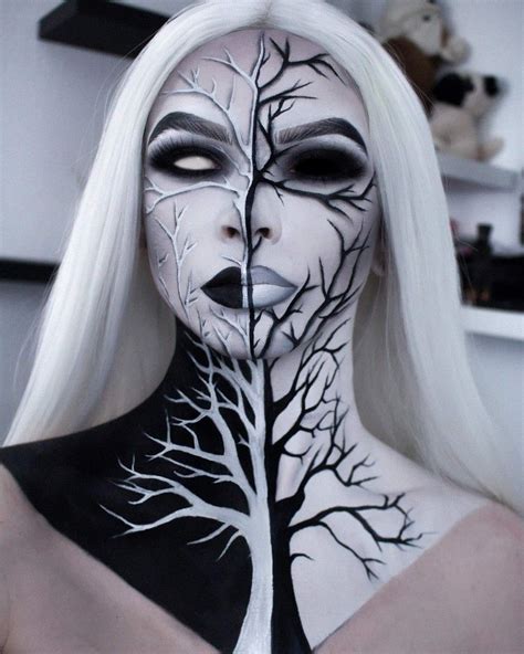 Half Face Black And White With Trees Halloween Make Up Looks Amazing