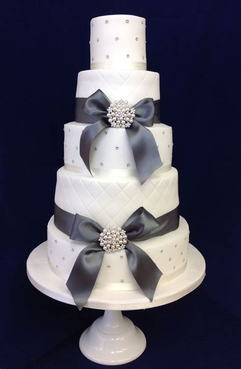 Stunning 5 Tier Diamanté Wedding Cake With Grey Ribbon Bow And Brooches Wedding Cakes London