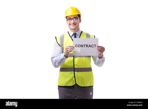 Construction Supervisor With Contract Isolated On White Backgrou Stock