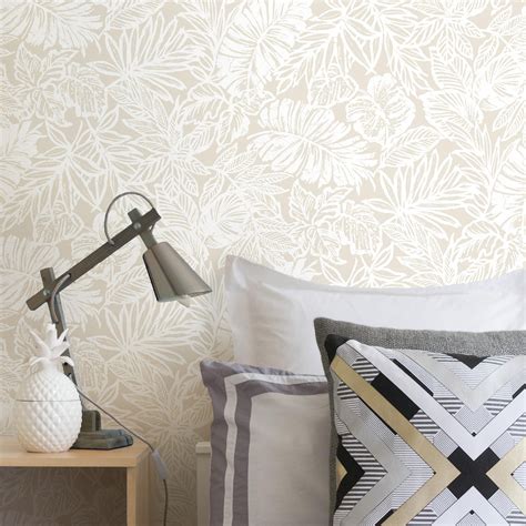 Roommates White And Beige Batik Tropical Leaf Peel And Stick Wallpaper