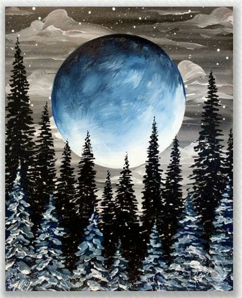 Winters Harvest Moon Forest Winter Painting Moon Painting Canvas