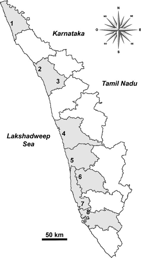 The map shows kerala state with cities, towns, expressways, main roads and streets, cochin international airport (iata code: —Map of Kerala with districts boundaries and the location of the eight... | Download Scientific ...