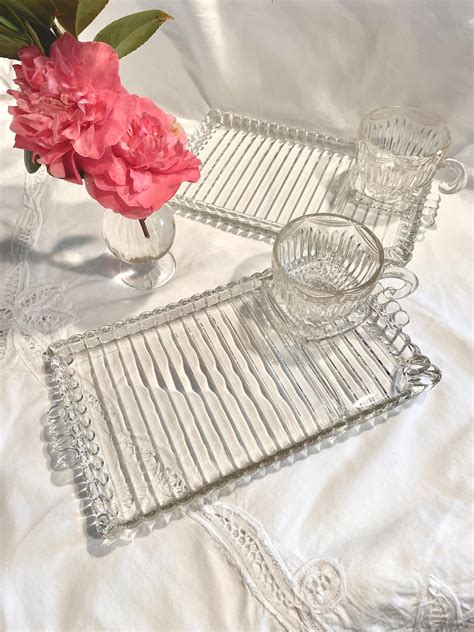 Vintage Hazel Atlas Glass Snack Sip Serving Trays And Cups Etsy