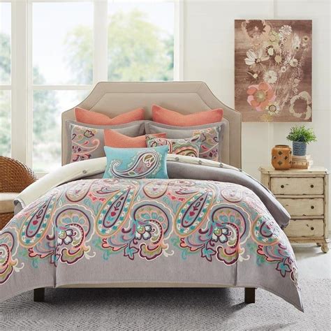 8pc Grey And Coral Paisley Embroidered Comforter And Decorative Pillows Queen Hamptonhill