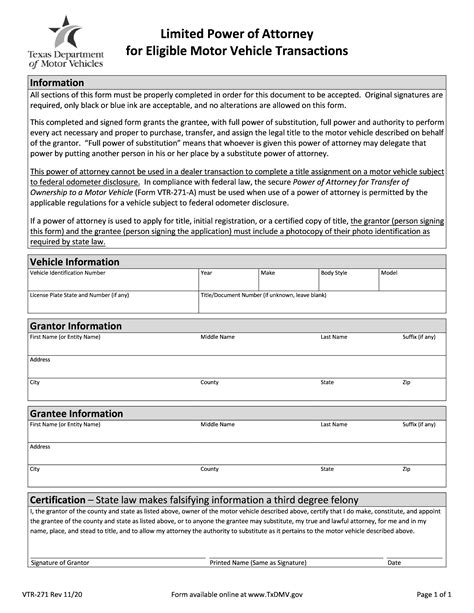 Form Vtr 271 Texas Limited Power Of Attorney For Eligible Motor