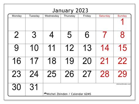 January 2023 Printable Calendar “62ms” Michel Zbinden Au