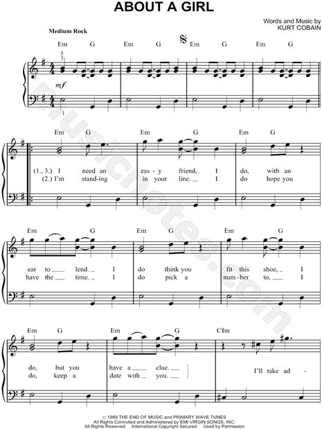 Nirvana About A Girl Sheet Music Easy Piano In E Minor Download And Print Sheet Music