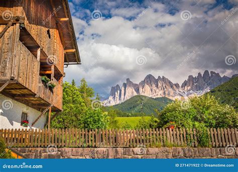 Santa Magdalena Village In Val Di Funes And Italian Dolomites At Sunset