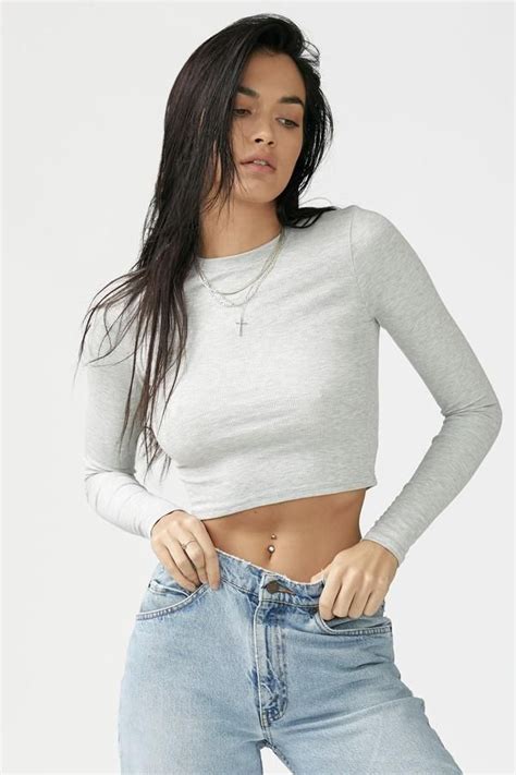 Cropped Crew Long Sleeve Women Shirts Blouse Crop Top Outfits Long