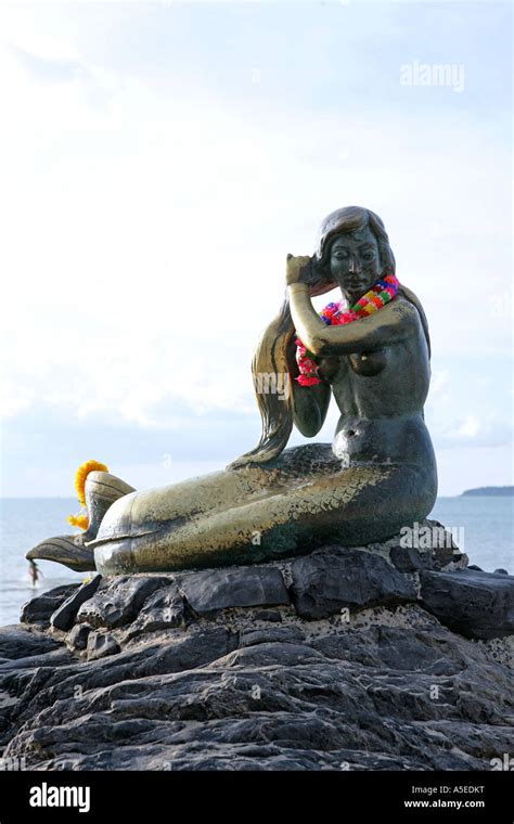 Thailand Sculpture The Golden Mermaid At Smila Strand In Songklah