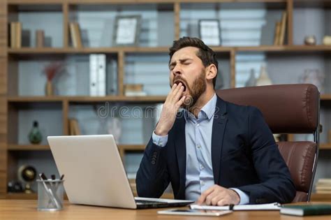 Mature Man Yawning Inside Classic Office Senior Businessman In