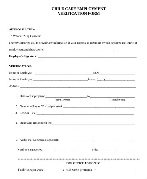 Printable Standard Verification Of Employment Form