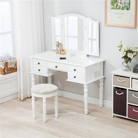 Folding Mirror Vanity White Dressing Table Set Makeup Desk