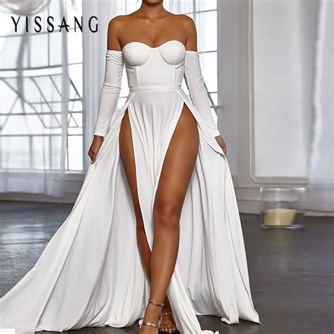 Yissang White Dress Women Off Shoulder Summer Sexy White Maxi Long Sleeve Dresses High Split