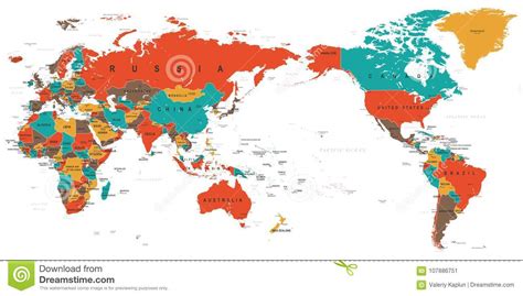 Color Del Mapa Del Mundo Detallado Asia En El Centro Stock De