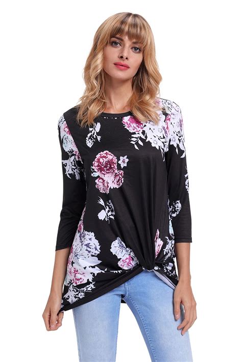 Black Floral Print Knotted Long Sleeve Top Floral Print Blouses