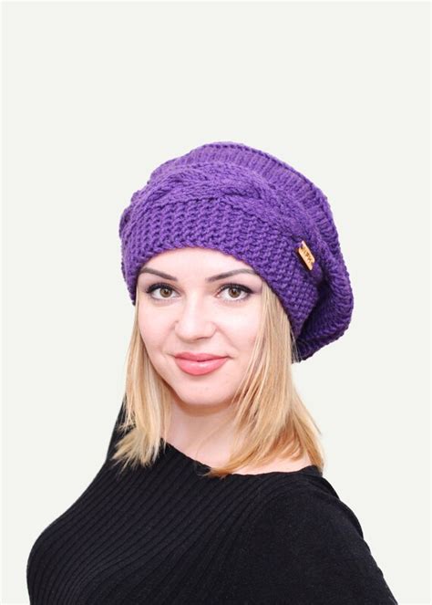 Knitted Purple Beret Womens Cap Purple Hat Slouchy Beret