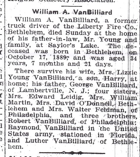 Touching Family History: Obituary of William A. VanBilliard