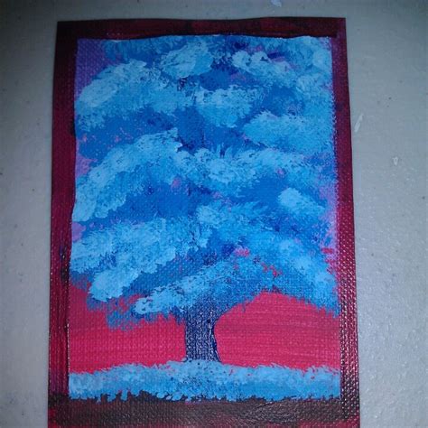 Blue Tree Acrylic Painting On Atc Painting Blue Tree Art