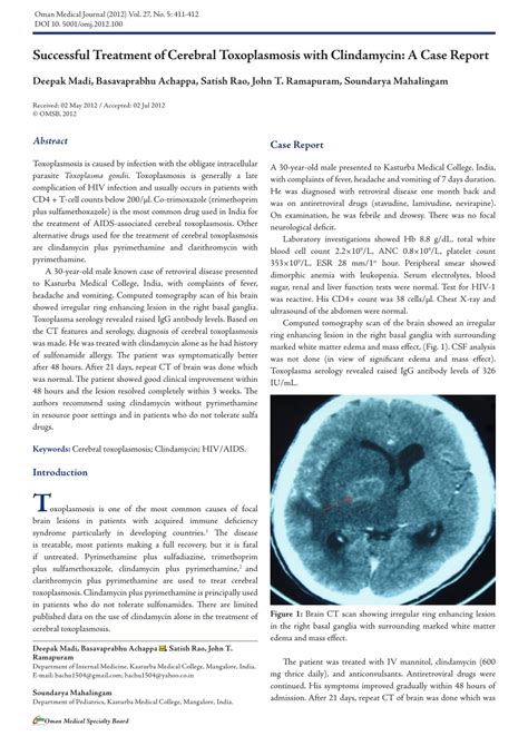 Pdf Successful Treatment Of Cerebral Toxoplasmosis With Clindamycin
