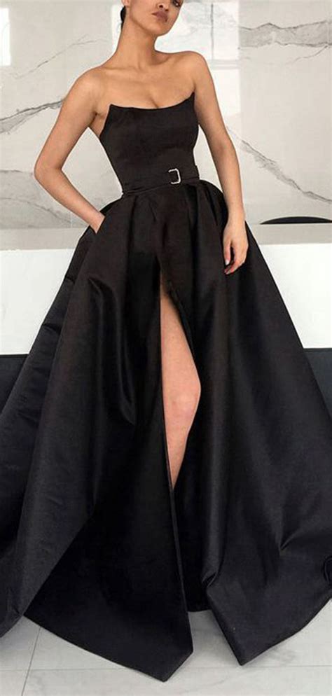 Black Satin Strapless Pockets Ball Gown Formal Prom Dressespd00153