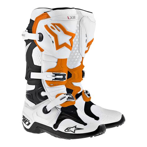 Unparalleled flex control asymmetrical, dual pivot arms on boot frame. AOMC.mx: Alpinestars Tech 10 Boots (Org/Wht)