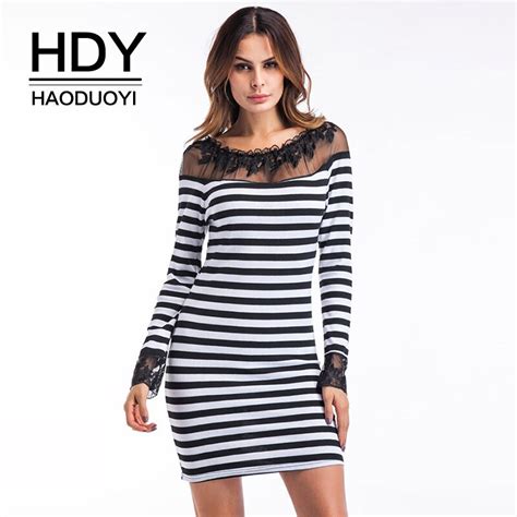 hdy haoduoyi striped dress long sleeve sexy mesh patchwork lace dresses women bodycon slim