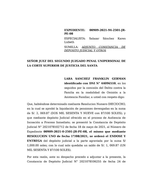 Adjunto Constancia De Deposito Judicial Y Otros Expediente 00909