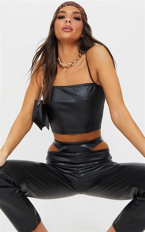 Black Faux Leather Sleeveless Crop Top Tops Prettylittlething Usa
