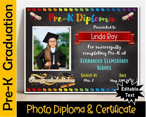 Editable Pre K Diploma With Photo Pre K Certificate Etsy