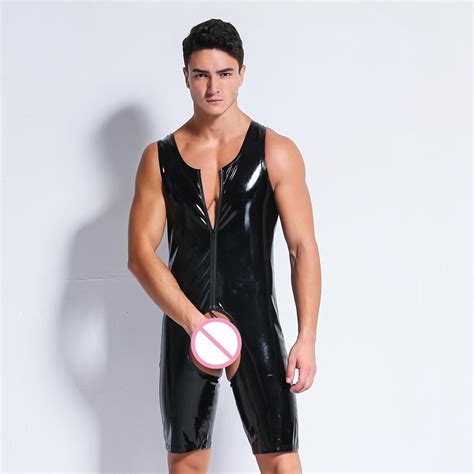 Hot Mens Sexy Lingerie Latex Catsuit Black Open Crotch Leather
